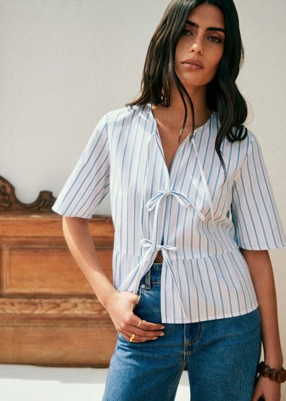 NWT Sézane Ileana Striped Blouse Ecru Blue Size 38
